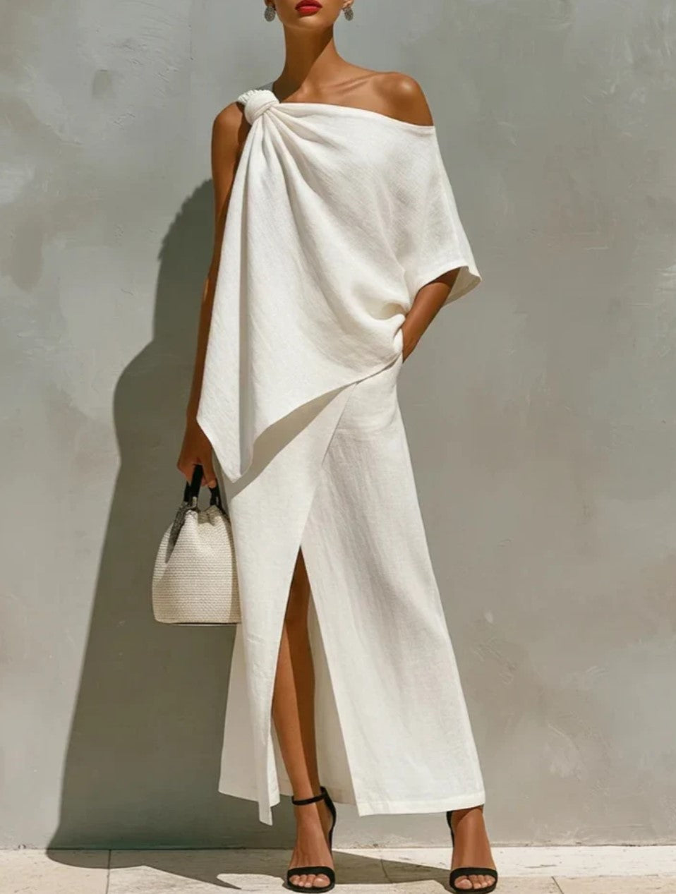 Ensemble deux pièces blanc composé d’un haut asymétrique irrégulier drapé, fendu, et d’une longue robe-pantalon à jambes larges
