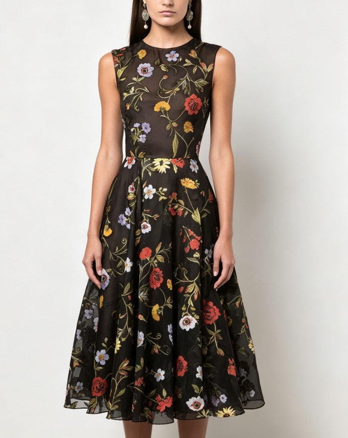 Black Retro Floral-Print Sleeveless Mid-Length A- Line Dress