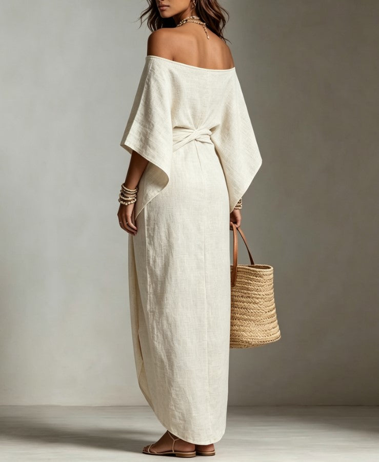 Off-shoulder Wide-sleeve Kink-wrap Split Long Dress