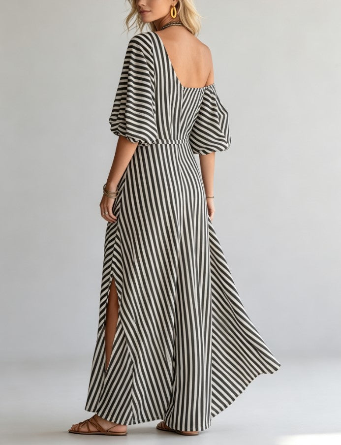 Black And White Vertical Stripe Slant Shoulder Puff Sleeve Loose Long Holiday Dress