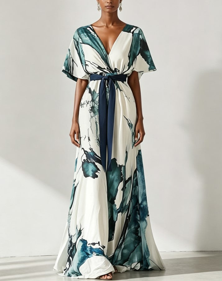 Printed V-Neck Dolman-Sleeved Tight-Waisted Long Dress