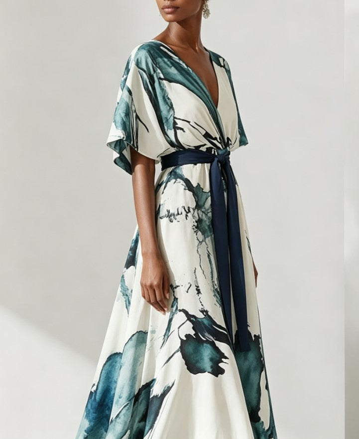 Printed V-Neck Dolman-Sleeved Tight-Waisted Long Dress