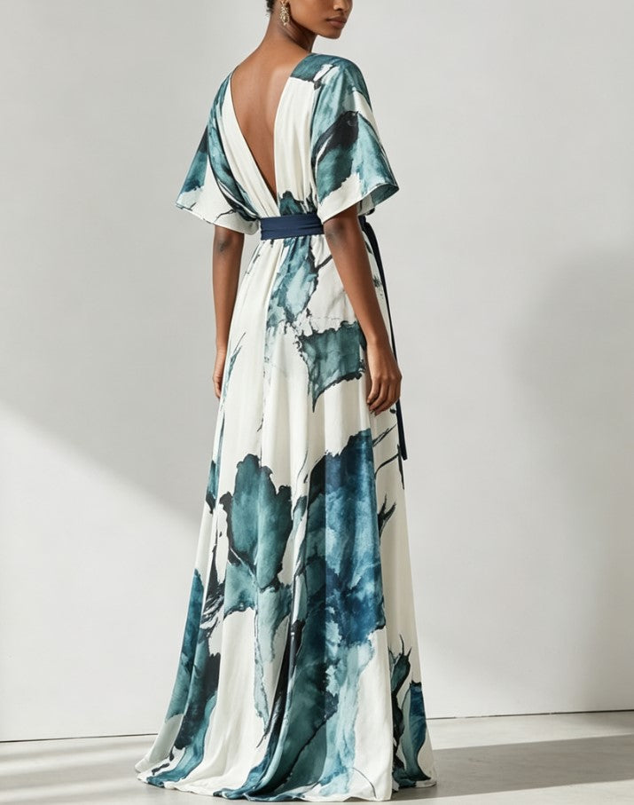 Printed V-Neck Dolman-Sleeved Tight-Waisted Long Dress
