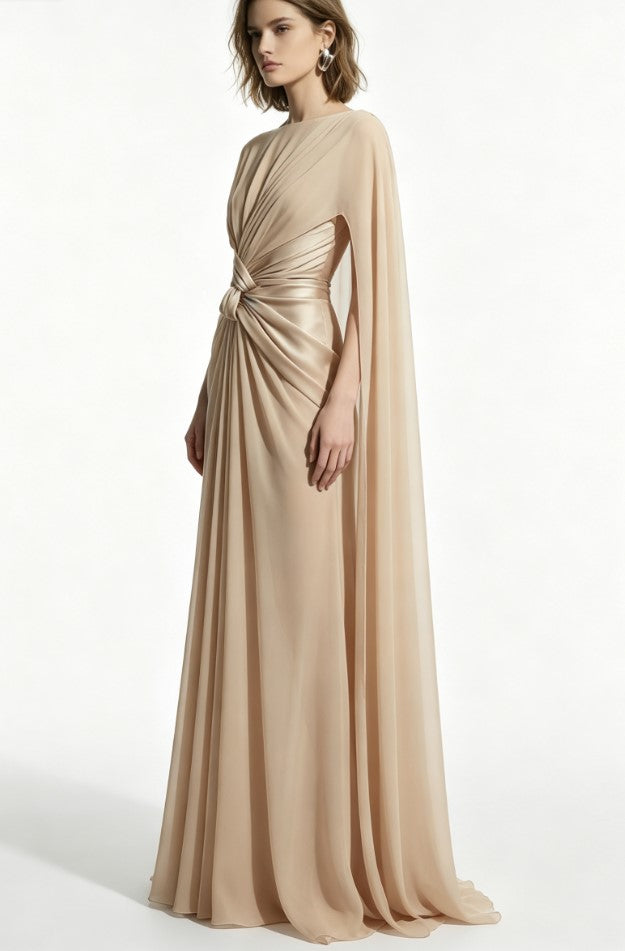 Round Neck Cape Twist Waist Draped Maxi Evening Gown