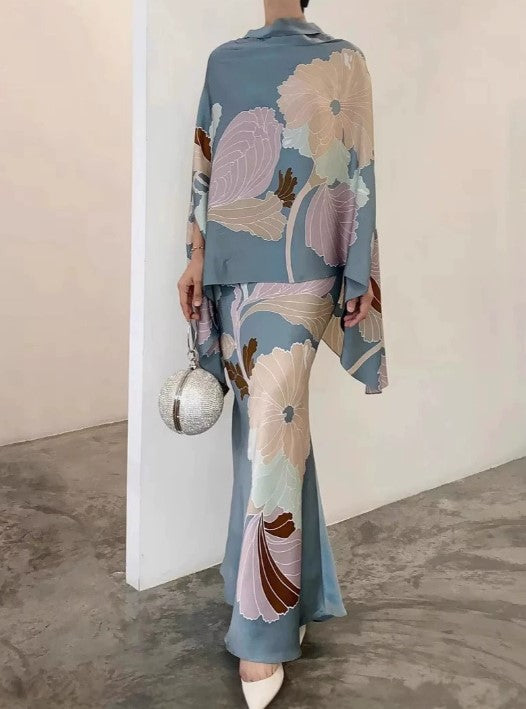Blue Floral Satin Cape Top Mermaid Skirt Two Piece Set
