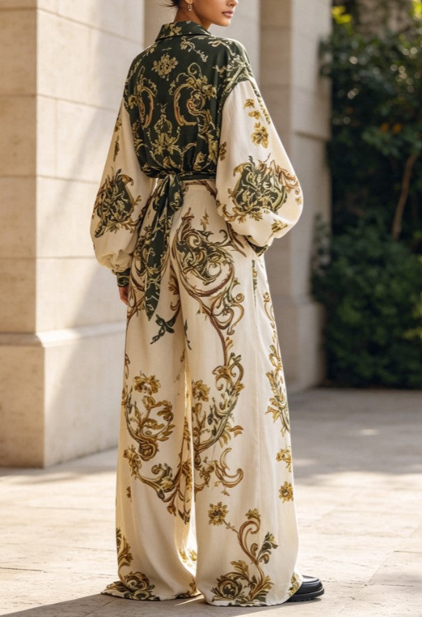 Vintage Baroque Print Belted Shirt Wide Leg Pants Set