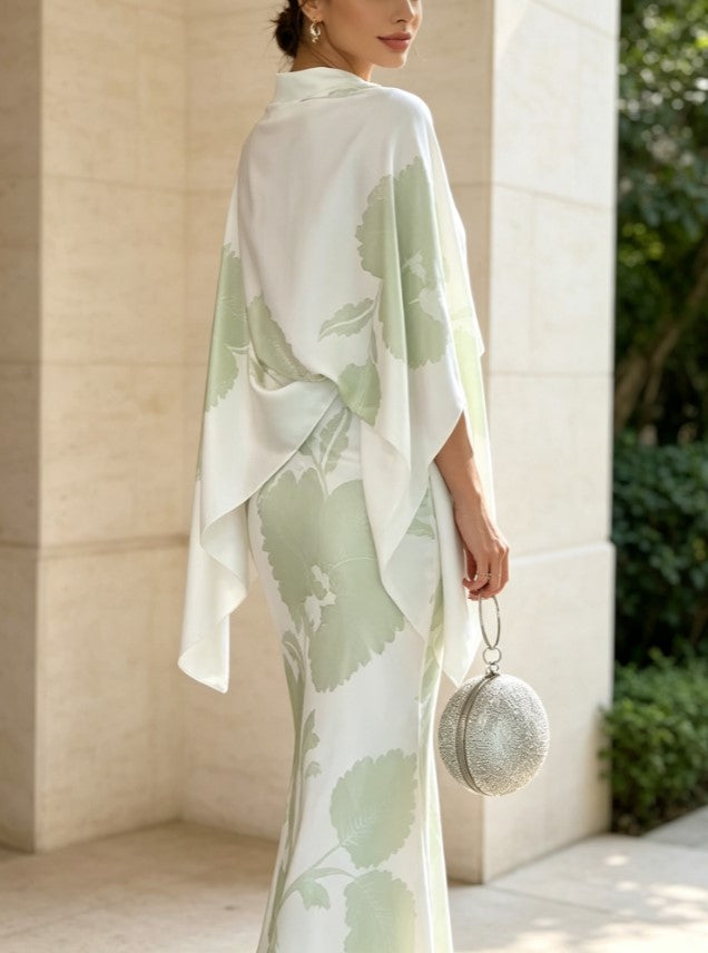 Light Green Floral Satin Cape Top Mermaid Skirt Two Piece Set