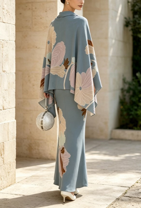 Blue Floral Satin Cape Top Mermaid Skirt Two Piece Set