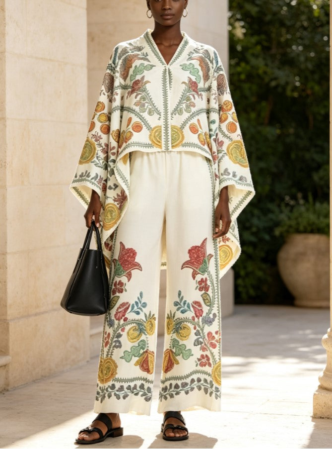 V Neck Vintage Floral Print Cape Top Wide Leg Pants Two Piece Set