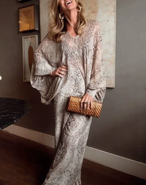 Snake Print V Neck Balloon Sleeve Top Wide Leg Pants Two Piece Set
