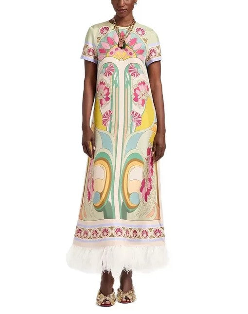 Art Retro Print Feather Hem Shift Maxi Dress
