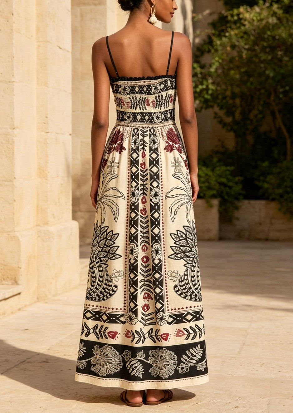 Cream Boho Ethnic Print Spaghetti Strap Smocked Waist Flared Maxi Dress