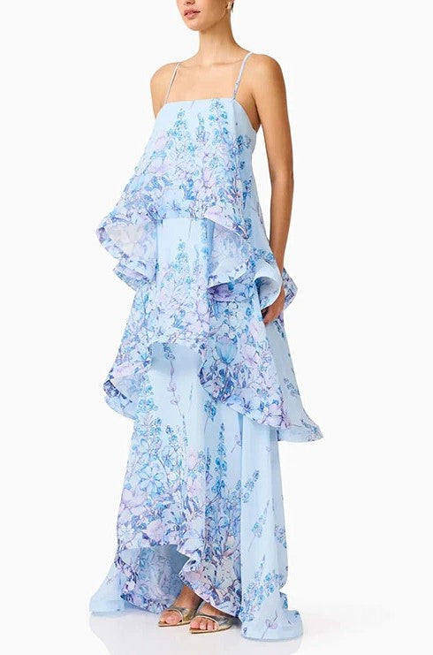 Light Blue Floral Spaghetti Strap Tiered Ruffle Flowy Maxi Dress