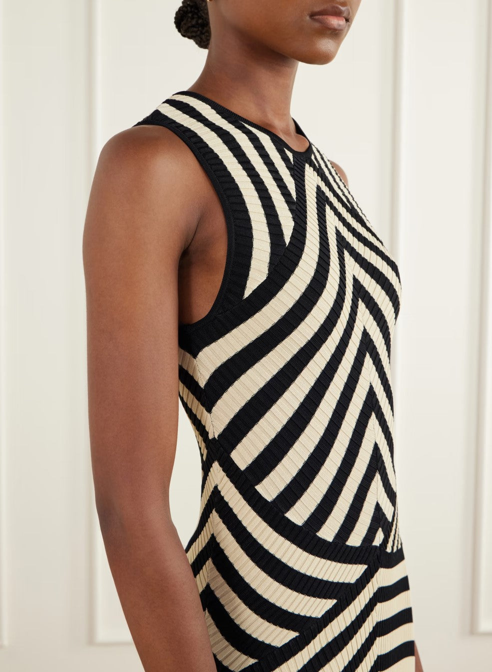 Black Cream Chevron Stripe Sleeveless Round Neck Bodycon Knit Midi Dress