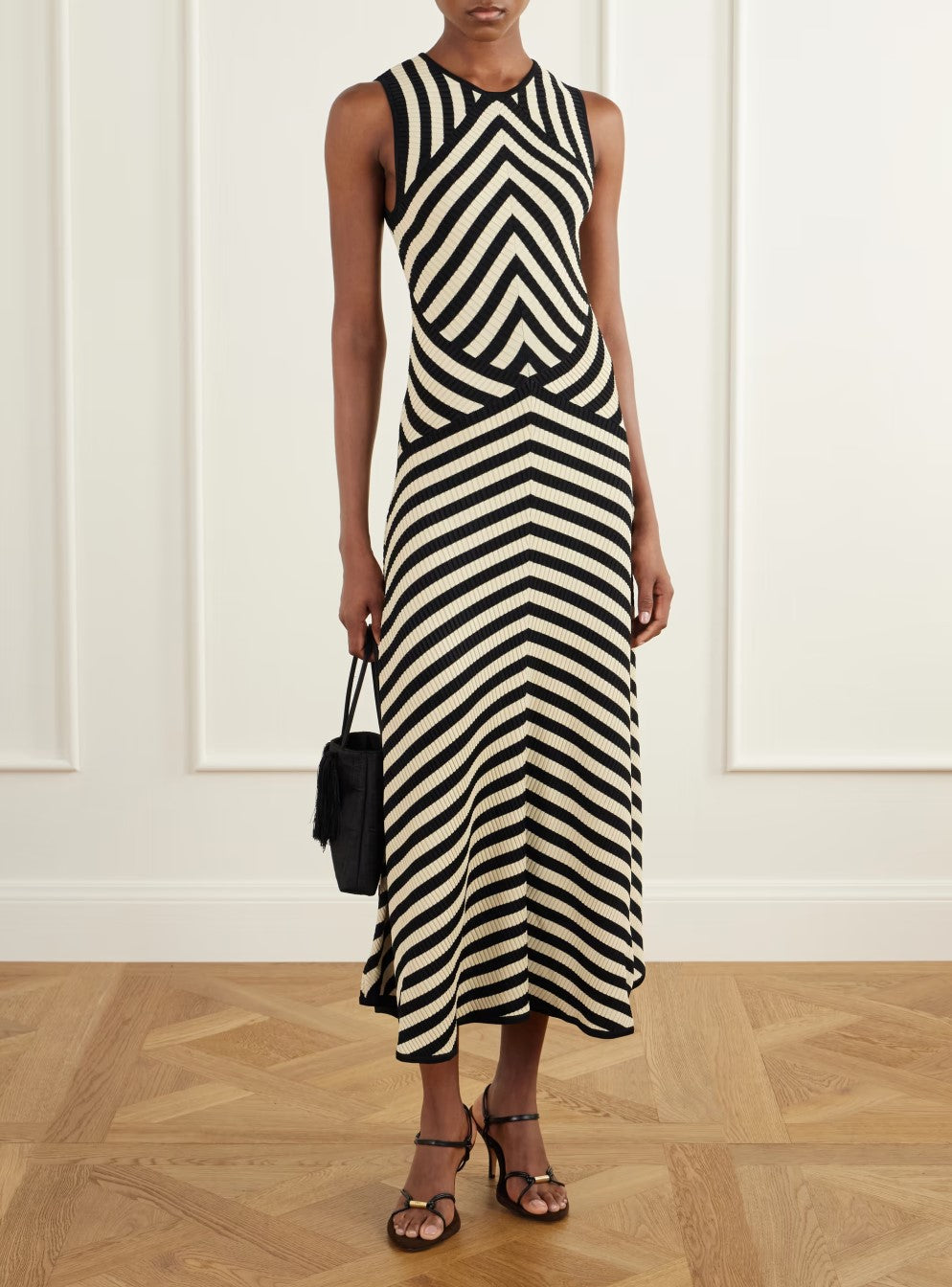 Black Cream Chevron Stripe Sleeveless Round Neck Bodycon Knit Midi Dress