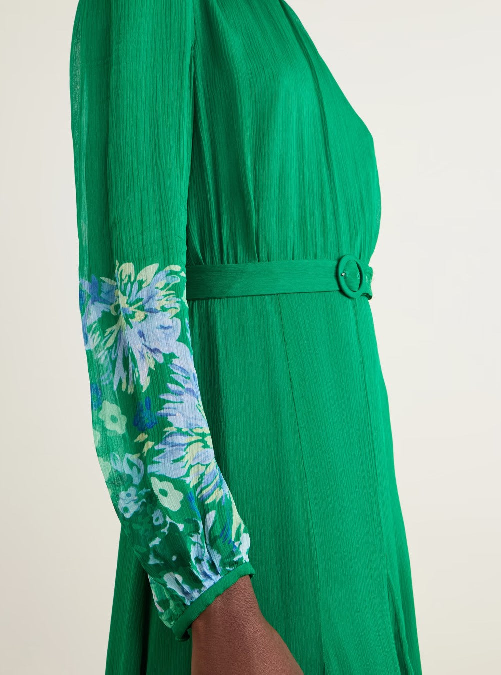 Green High Neck Floral Panel Long Sleeve Belted Slit Flowy Midi Dress