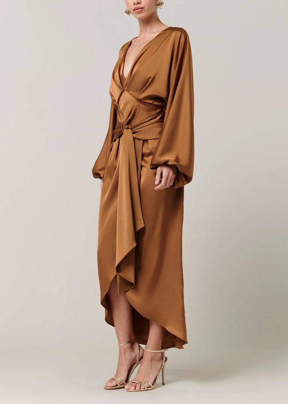 Camel Deep V Lantern Sleeve Tie Waist Satin Wrap Midi Dress