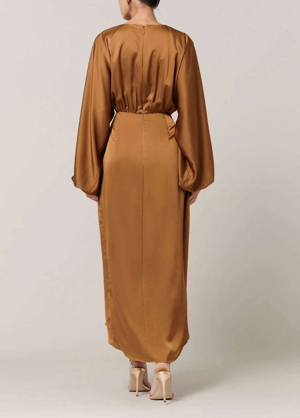 Camel Deep V Lantern Sleeve Tie Waist Satin Wrap Midi Dress