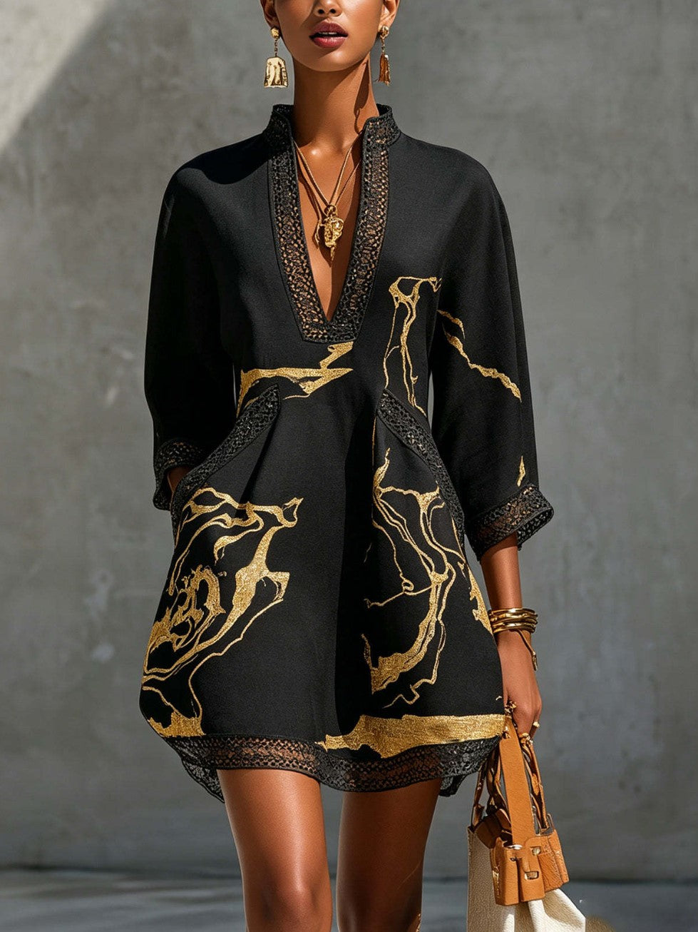 Stand Collar V Neck Lace Trim Gold Abstract Print Loose Mini Dress