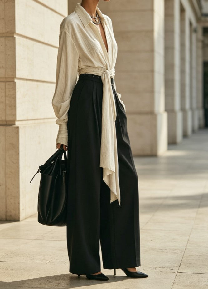 Collared Twist Tie Shirt High Waist Wide Leg Pants Two Piece Set
