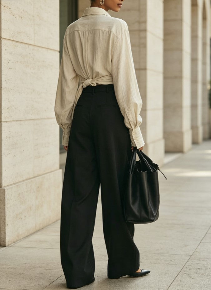 Collared Twist Tie Shirt High Waist Wide Leg Pants Two Piece Set