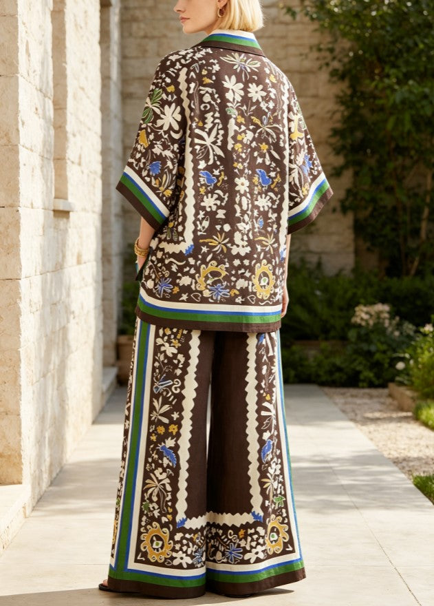 Zweiteiliges Set aus Vintage-Print-Hemd mit Reverskragen und kurzen Ärmeln sowie Hose mit weitem Bein