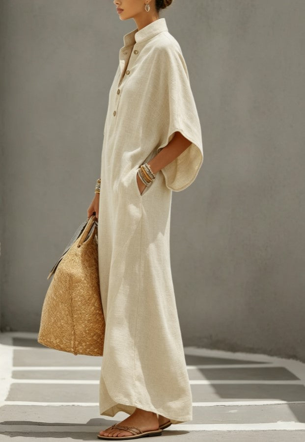 Stand Collar Half Placket Loose Batwing Sleeve Maxi Shirt Dress