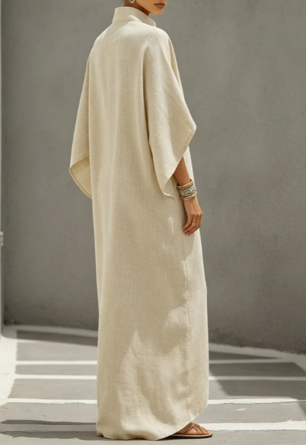 Stand Collar Half Placket Loose Batwing Sleeve Maxi Shirt Dress