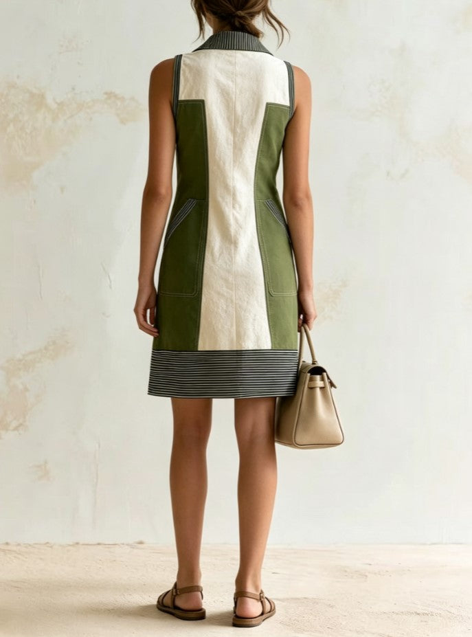 Robe mini droite sans manches à col polo, col en V et rayures contrastées