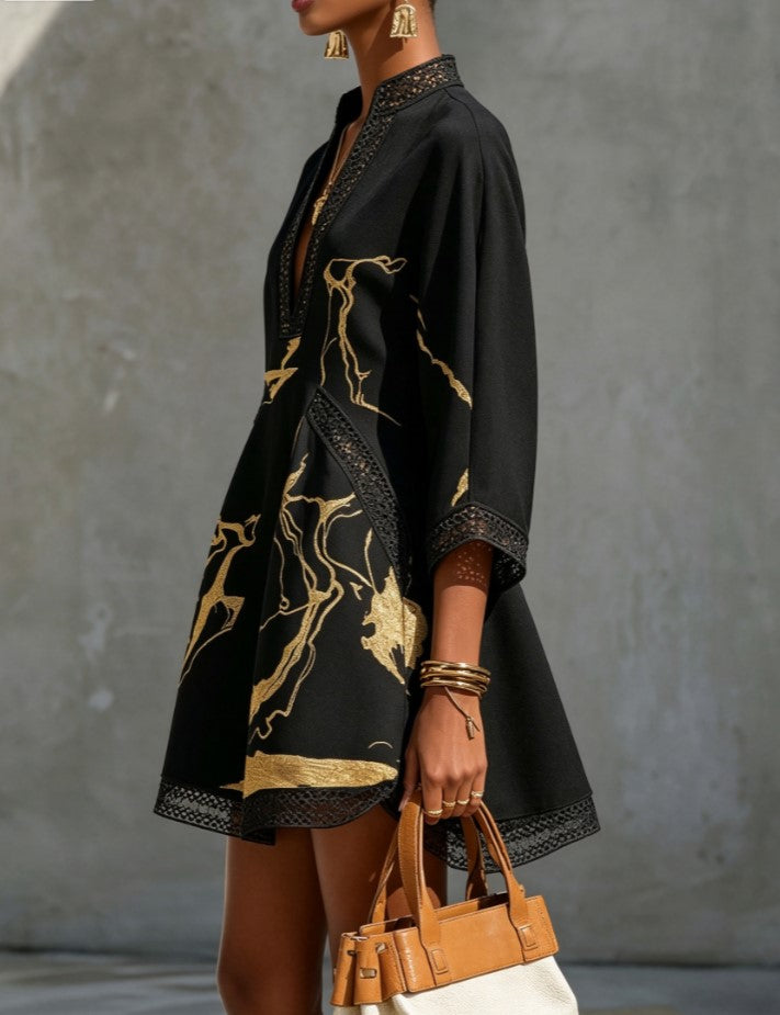 Stand Collar V Neck Lace Trim Gold Abstract Print Loose Mini Dress