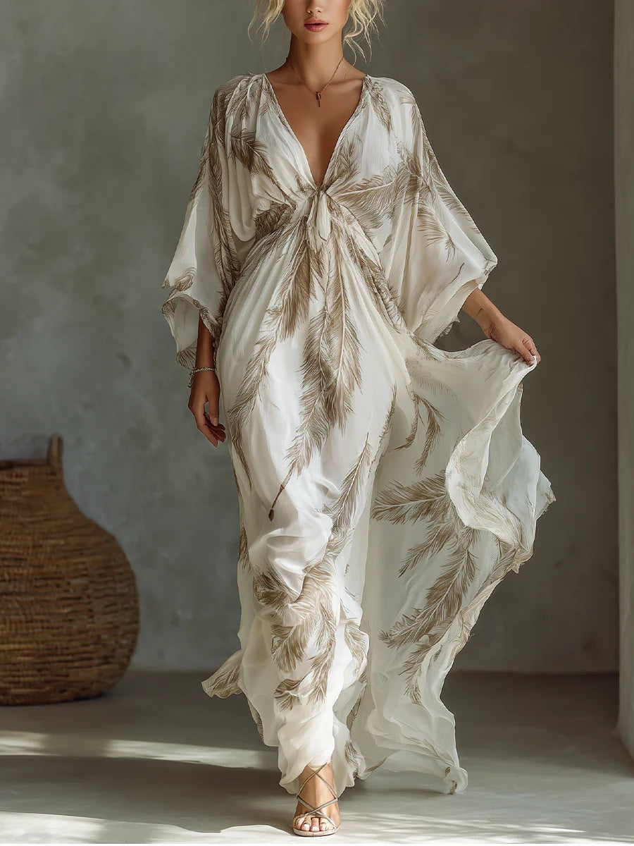 White Feather Print Deep V Knot Front Kaftan Maxi Dress