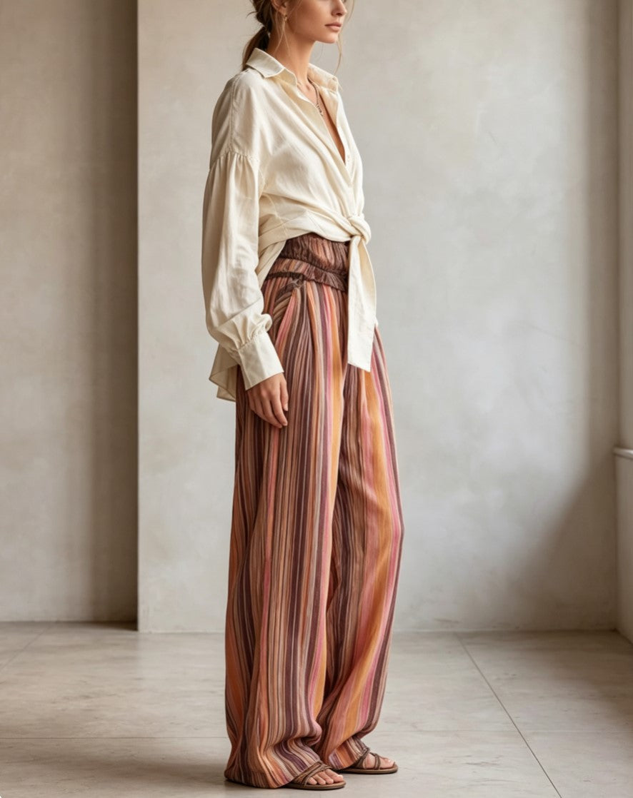 Tied Waist Shirt Striped Harem Pants Set
