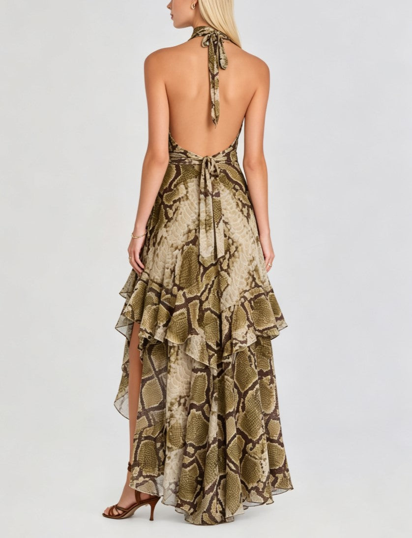 Halter Snake Print Ruffle High Slit Maxi Dress