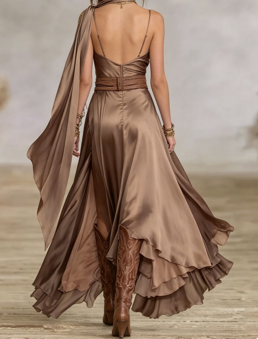 One Shoulder Draped High Slit Satin Maxi Dress