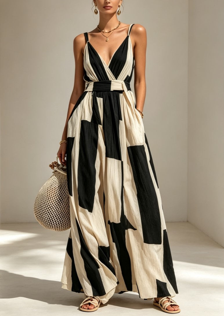 Slim Strap V Neck Striped Wrap Maxi Dress