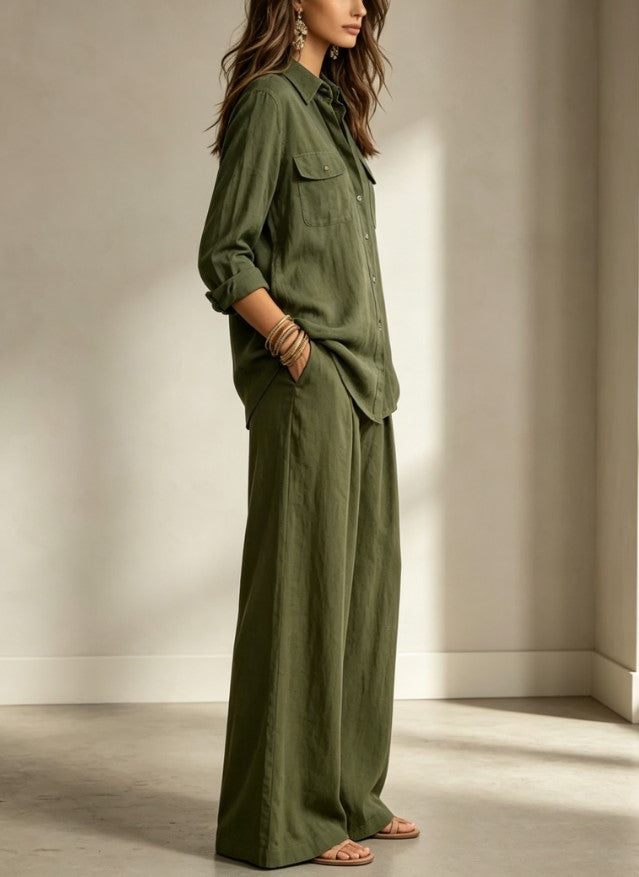 Olive Pocket Shirt Wide Leg Pants Two Piece Set