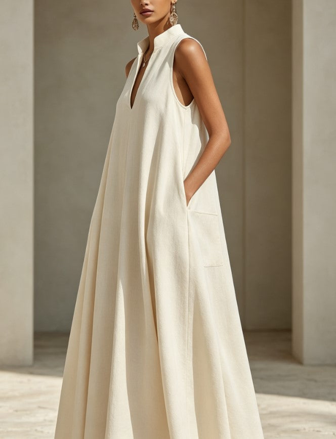 Stand Collar Split Sleeveless Loose Linen Maxi Dress