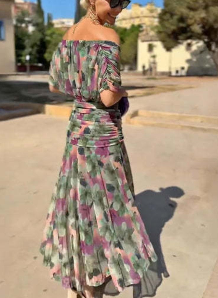 Off Shoulder Twisted Front Ruched Floral Midi Dress