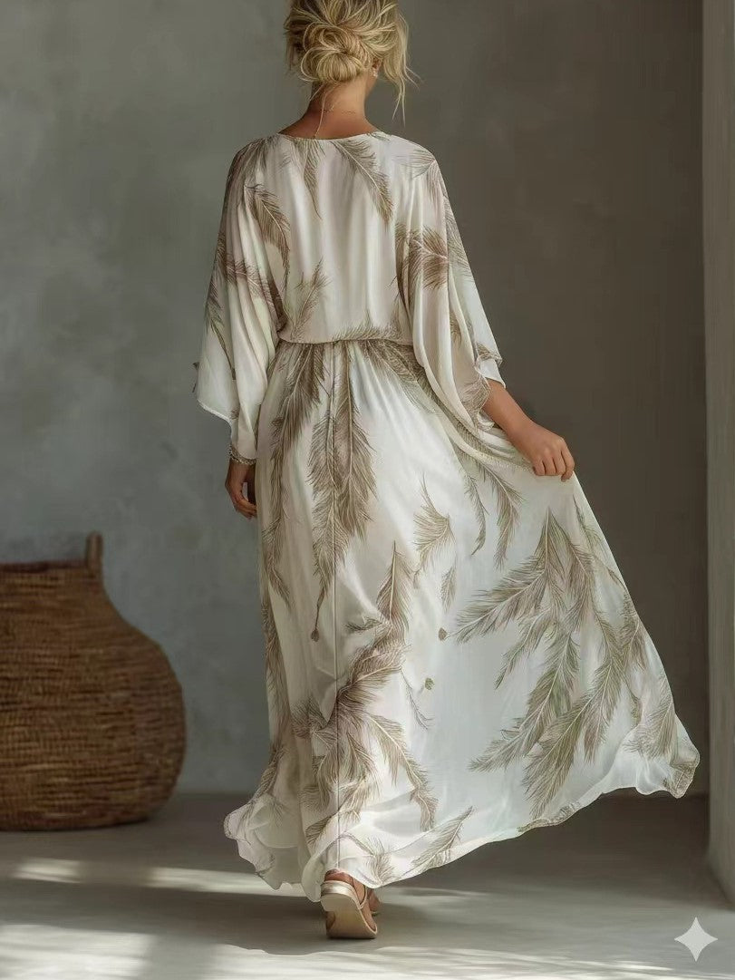 White Feather Print Deep V Knot Front Kaftan Maxi Dress