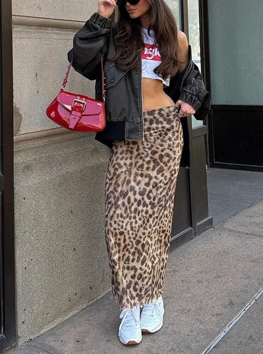 Leopard Print High Waist Slit Maxi Skirt