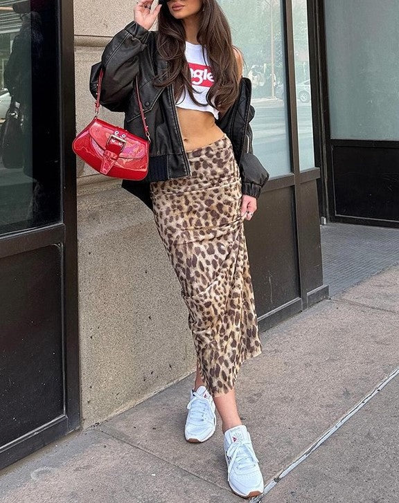 Leopard Print High Waist Slit Maxi Skirt