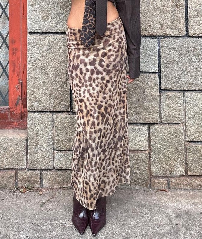 Leopard Print High Waist Slit Maxi Skirt