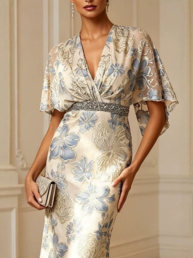 V‑Neck Cape Sleeve Beaded Waist Floral Mermaid Gown