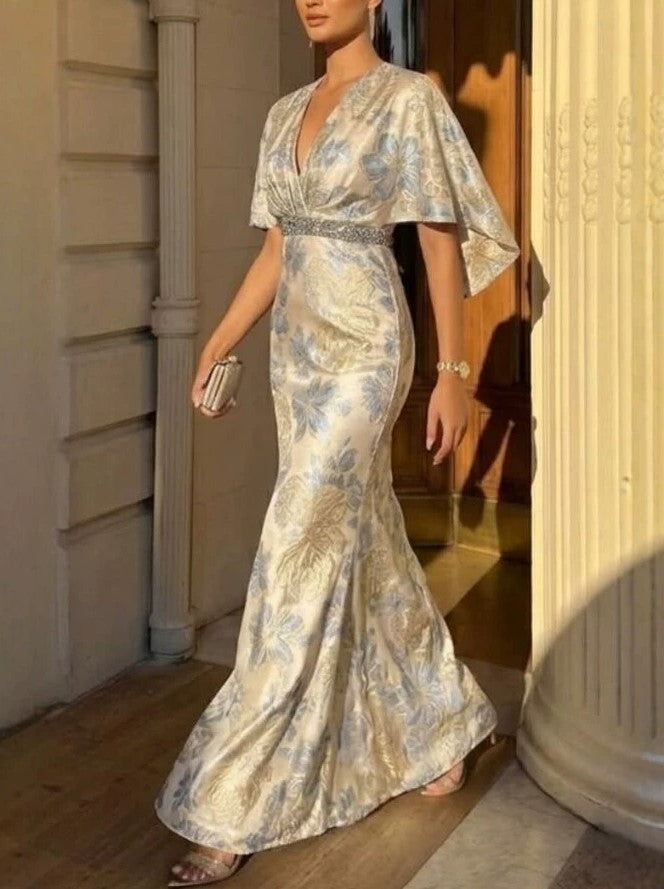 V‑Neck Cape Sleeve Beaded Waist Floral Mermaid Gown
