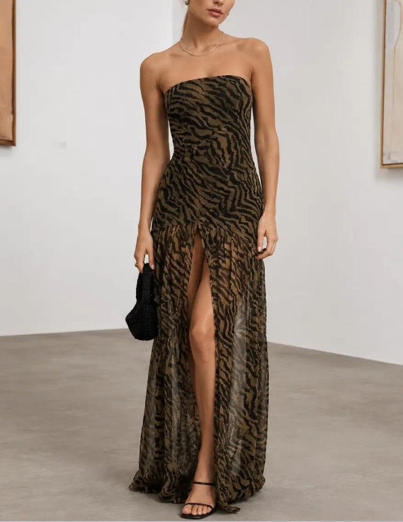 Zebra Print Strapless Slit Chiffon Maxi Dress