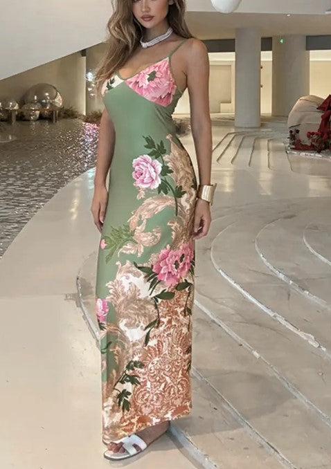 V‑Neck Halter Floral Print Bodycon Maxi Dress