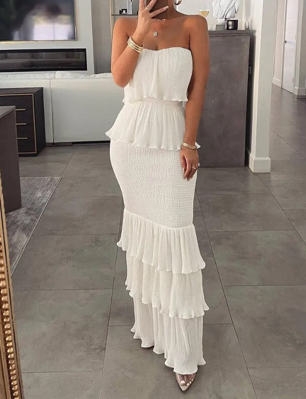 Strapless Smocked Tiered Ruffle Maxi Dress