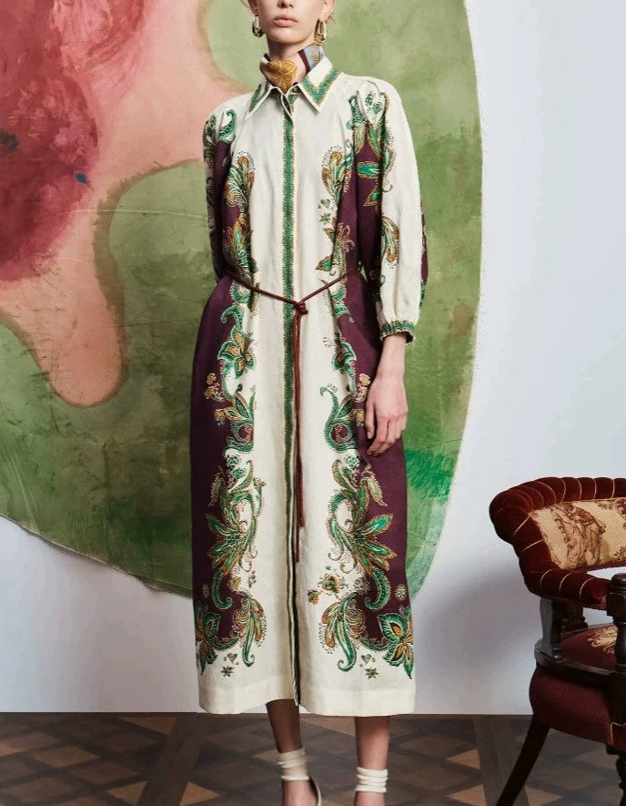 Vintage Floral Print Collared Midi Shirt Dress Belted 3/4 Sleeve Boho Dress