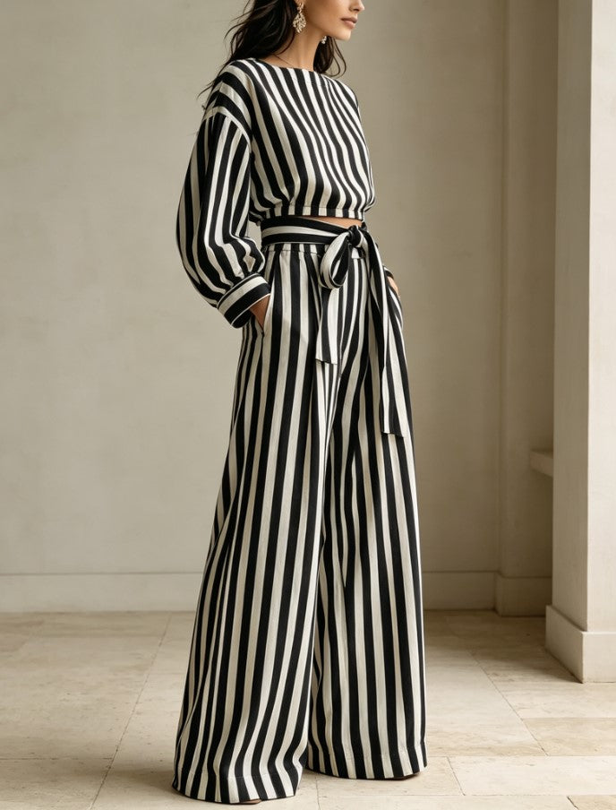 Black White Stripe Long Sleeve Crop Top & Wide Leg Pants Set Two‑Piece Outfit