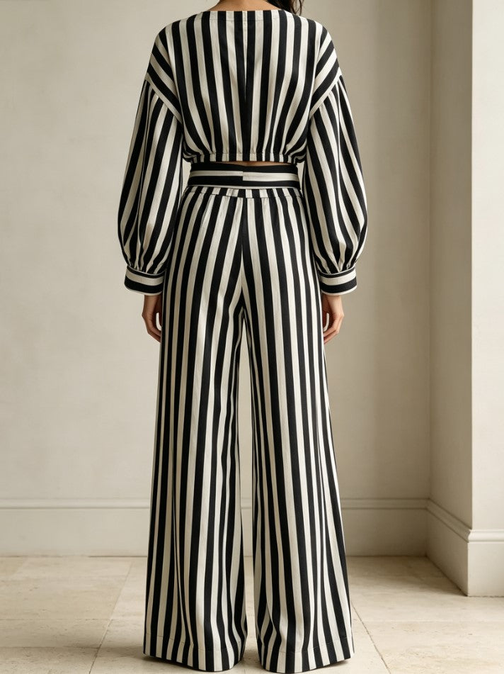 Black White Stripe Long Sleeve Crop Top & Wide Leg Pants Set Two‑Piece Outfit